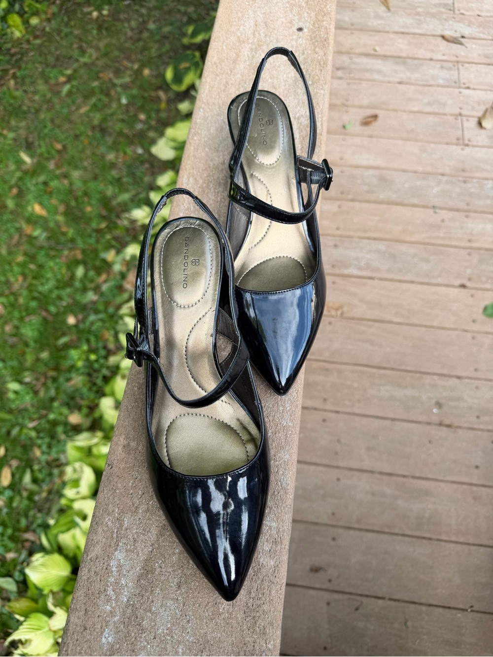 Bandolino Black Patent Slingback Pointed Toe Block Heel Tortoise Size 8